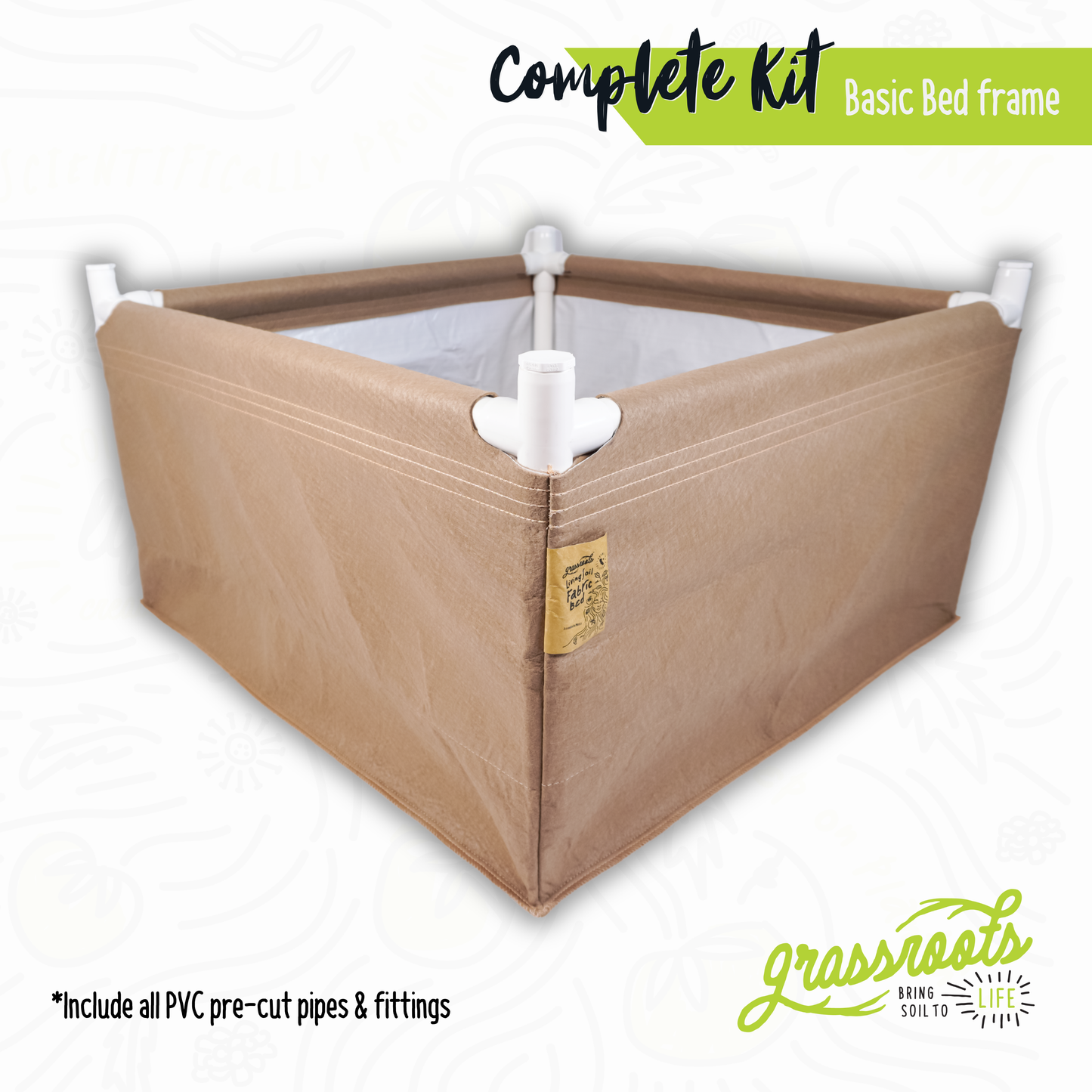 Complete kit for living soil fabric bed by Grassroots Fabric Pots, includes fabric planting bed with soil and accessories.