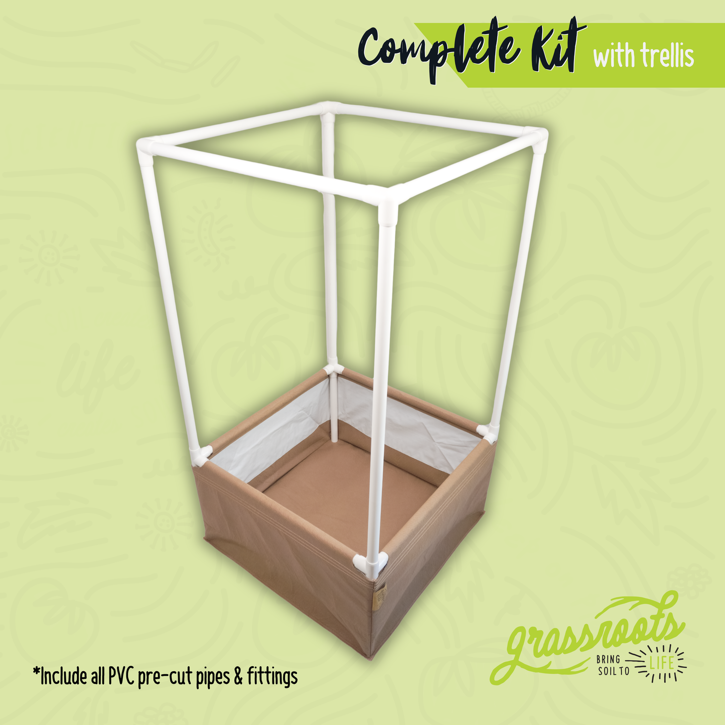 Grassroots Fabric Pots Complete Kit for Living Soil Fabric Bed, showing a fabric bed with soil and gardening accessories.