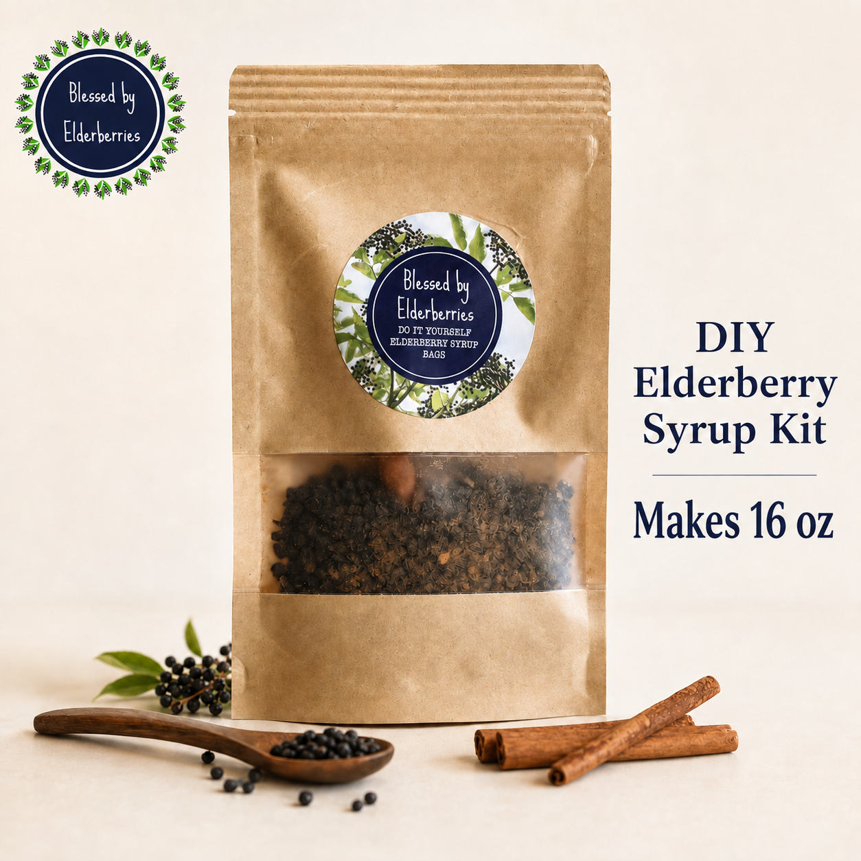 DIY Pint size Elderberry Syrup kit from Blessed by Elderberries with jars, berries, and brewing supplies for homemade elderberry syrup.