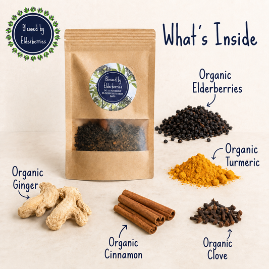 DIY pint size elderberry syrup kit by Blessed by Elderberries, including jars, ingredients, and tools for making elderberry syrup.