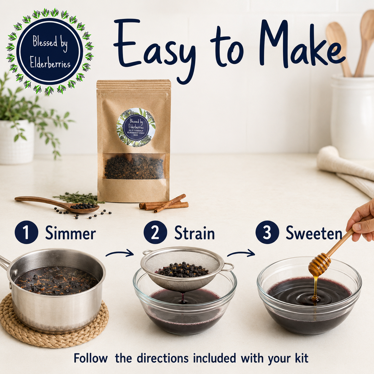 DIY pint-sized elderberry syrup kit from Blessed by Elderberries, showing ingredients and tools for homemade elderberry syrup.