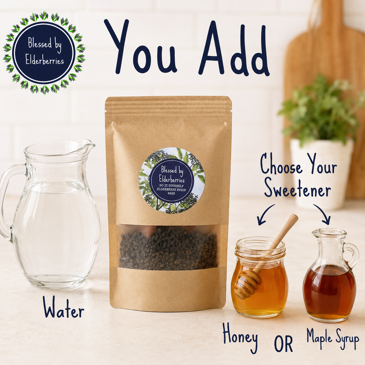 DIY pint-sized elderberry syrup kit by Blessed by Elderberries, featuring ingredients and tools for making homemade elderberry syrup.