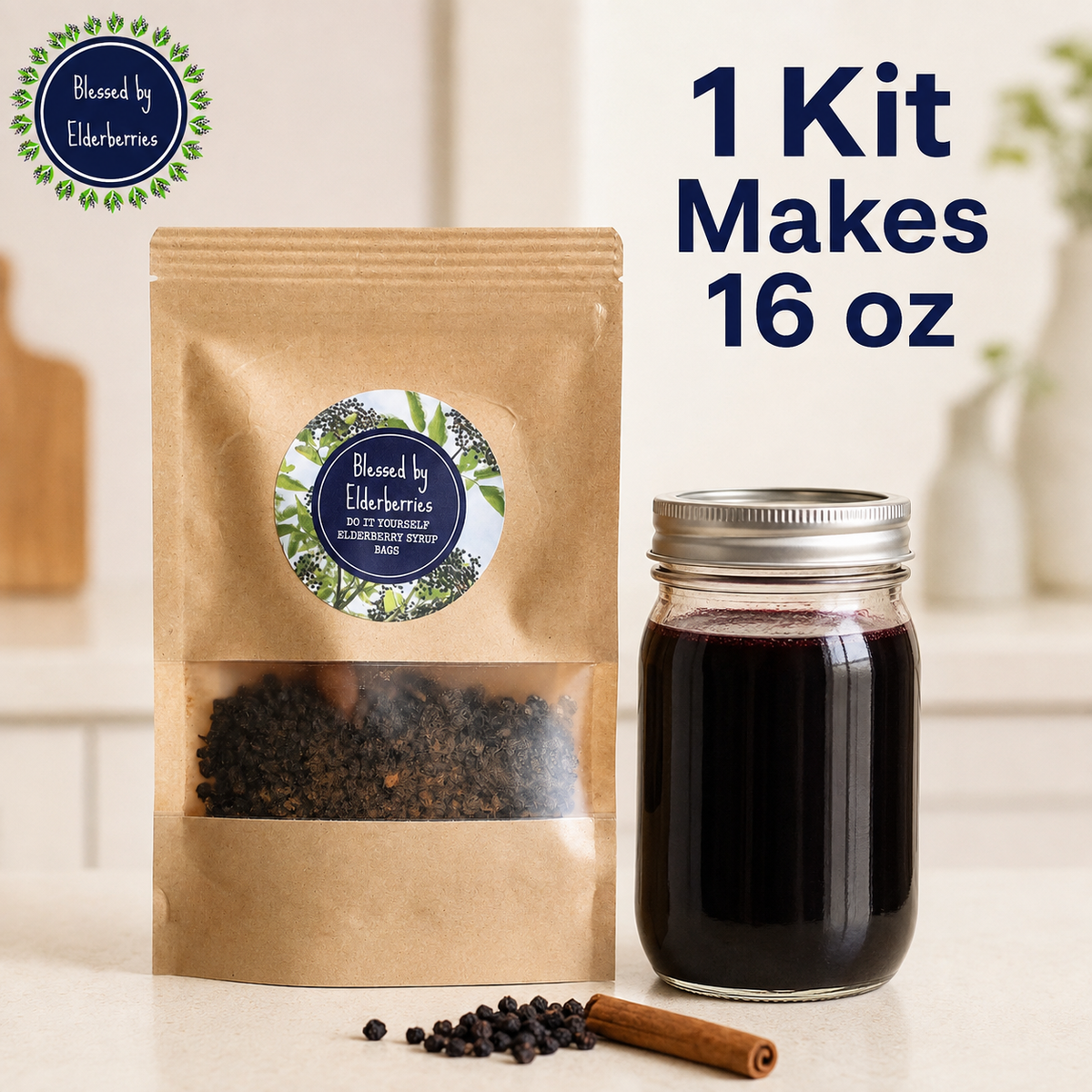 DIY pint-sized elderberry syrup kit from Blessed by Elderberries with jars, ingredients, and tools for homemade elderberry syrup.