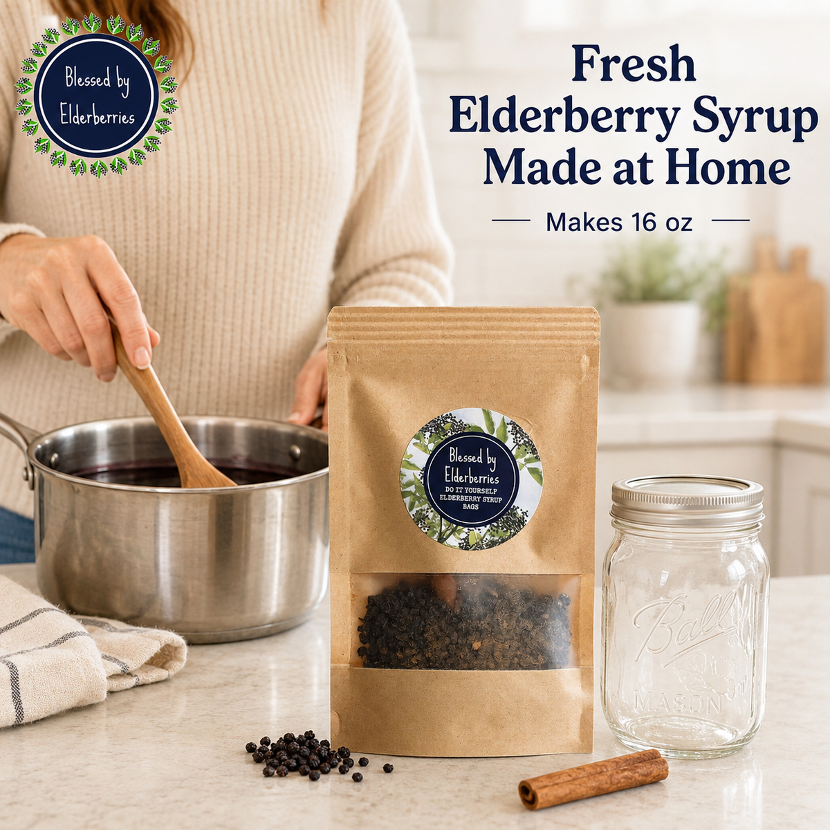 DIY pint size elderberry syrup kit by Blessed by Elderberries with bottles, ingredients, and instructions for homemade elderberry syrup.