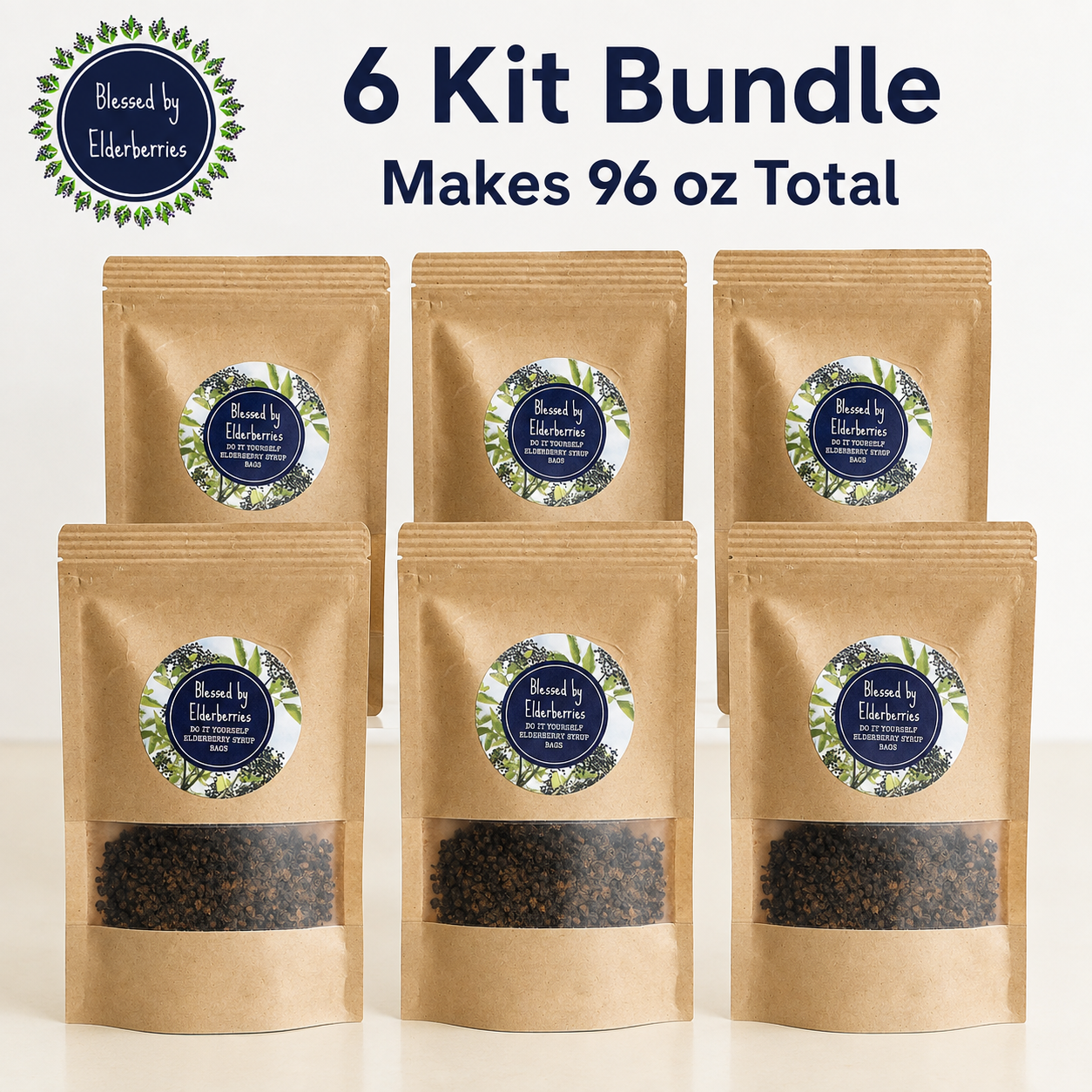 DIY pint-sized elderberry syrup kit by Blessed by Elderberries, featuring ingredients and tools for homemade elderberry syrup.