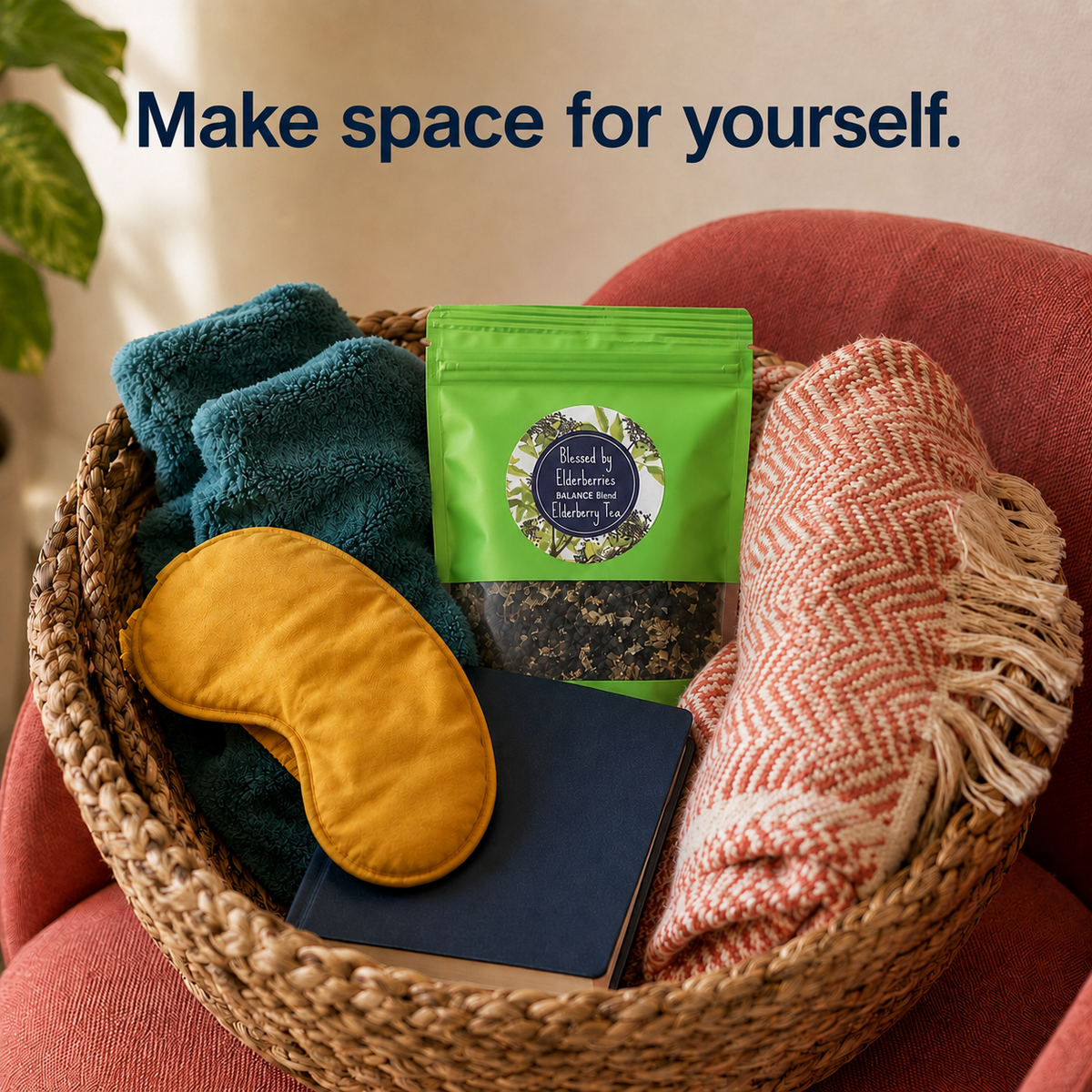 Balance blend Elderberry tea by Blessed by Elderberries in a clear glass cup with fresh elderberries and tea leaves.