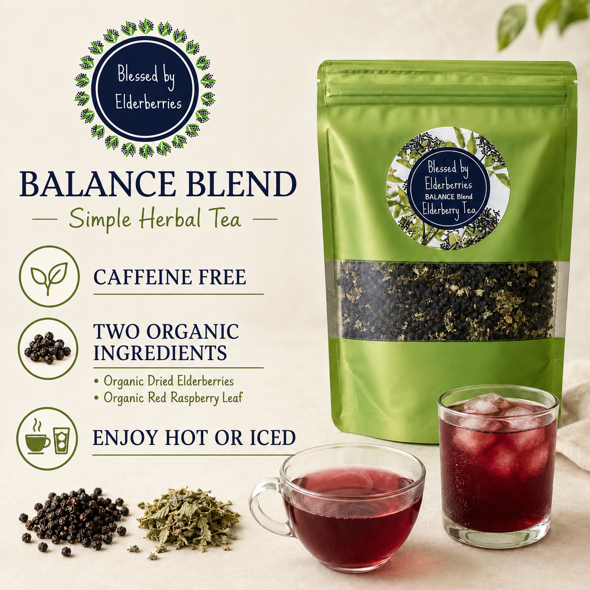 Balance Blend Elderberry Tea by Blessed by Elderberries in a box with fresh elderberries and tea bags for immune support.