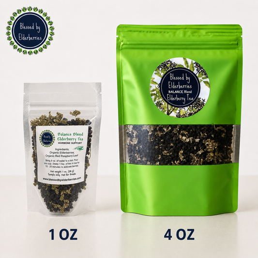 Blessed by Elderberries Balance Blend Elderberry Tea in a cup, showcasing fresh elderberries and herbal ingredients for immune support.