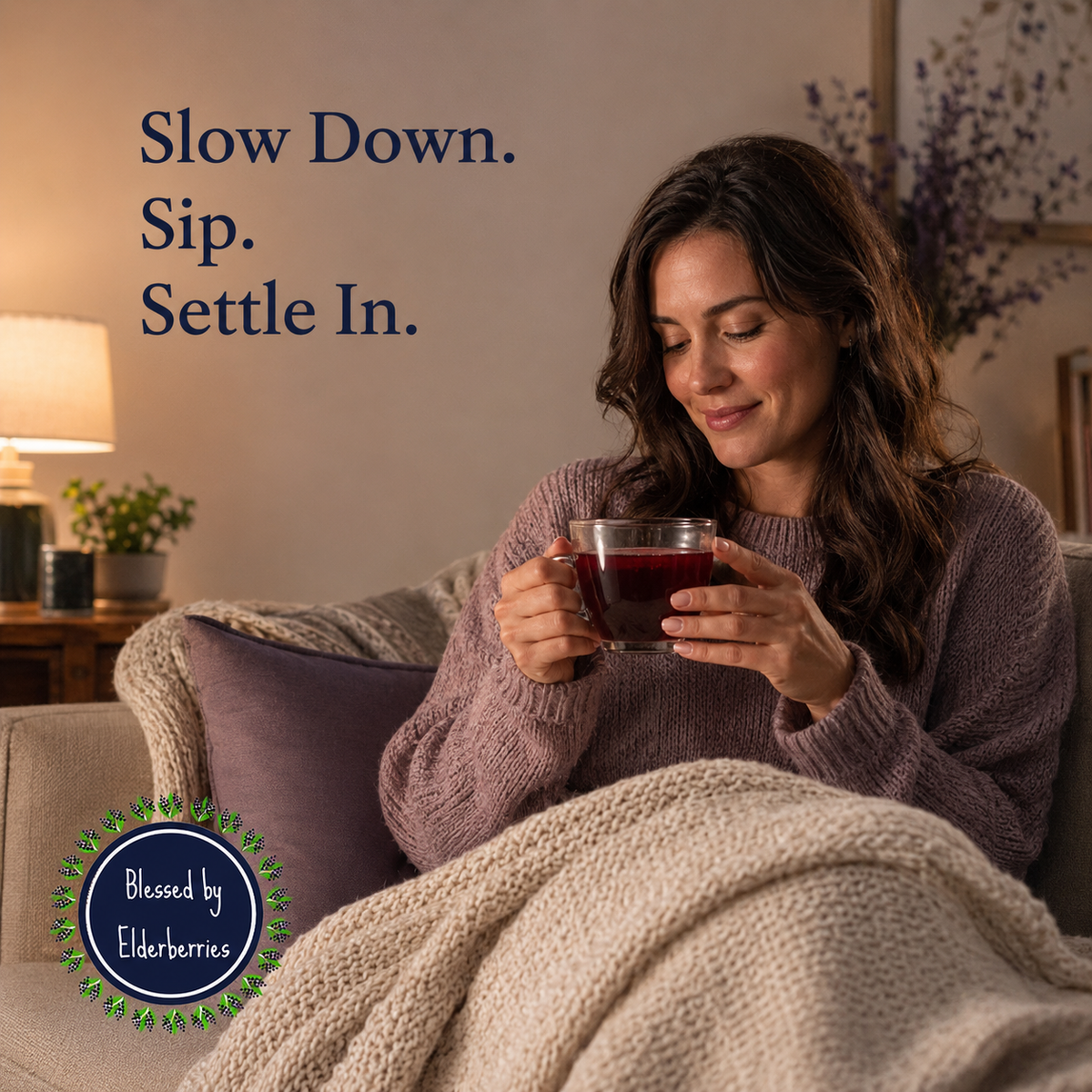 Bottle of Soothe Blend Elderberry Tea by Blessed by Elderberries with elderberry fruit and tea leaves visible in the image.