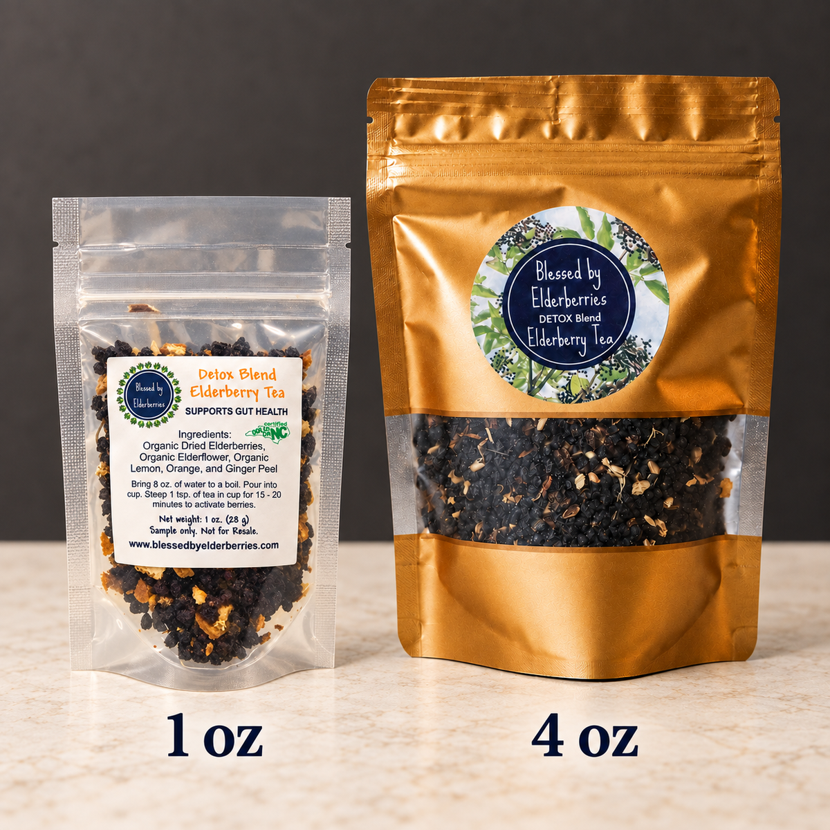 Dried elderberries in a jar for detox blend elderberry tea by Blessed by Elderberries, suitable for making herbal infusions.