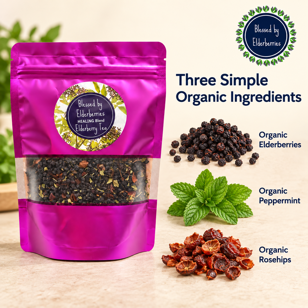 Healing blend Elderberry tea from Blessed by Elderberries in a tea bag with dried elderberries and herbs, ready for brewing.