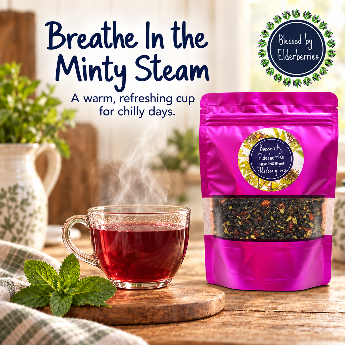 Bottle of Blessed by Elderberries Healing Blend Elderberry Tea with fresh elderberries and herbs in a glass mug.