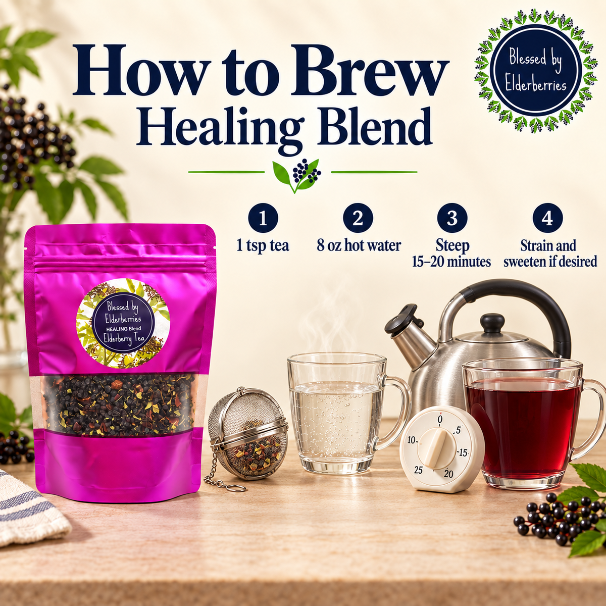 Cup of Blessed by Elderberries Healing Blend Elderberry Tea in a white mug with elderberries and herbs visible.