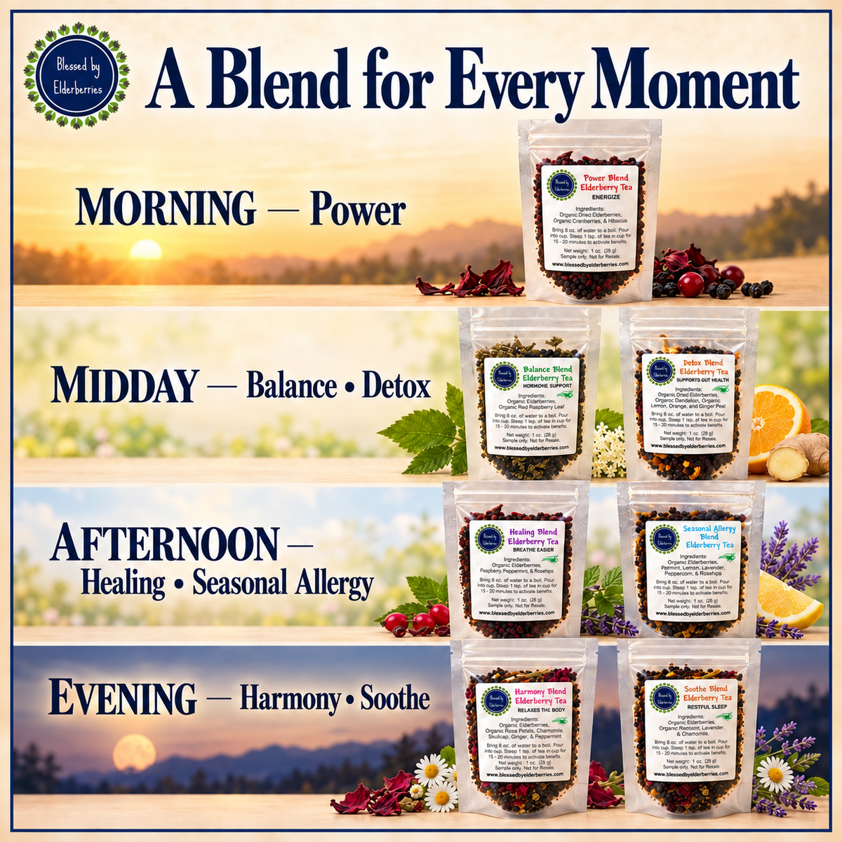 Herbal tea sampler bundle from Blessed by Elderberries featuring a variety of tea blends in colorful packaging.