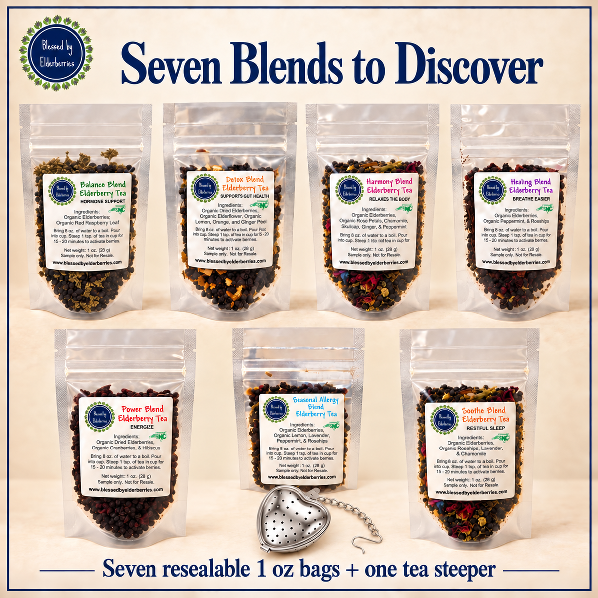 Herbal tea sampler bundle featuring assorted blends from Blessed by Elderberries, ideal for tea lovers.
