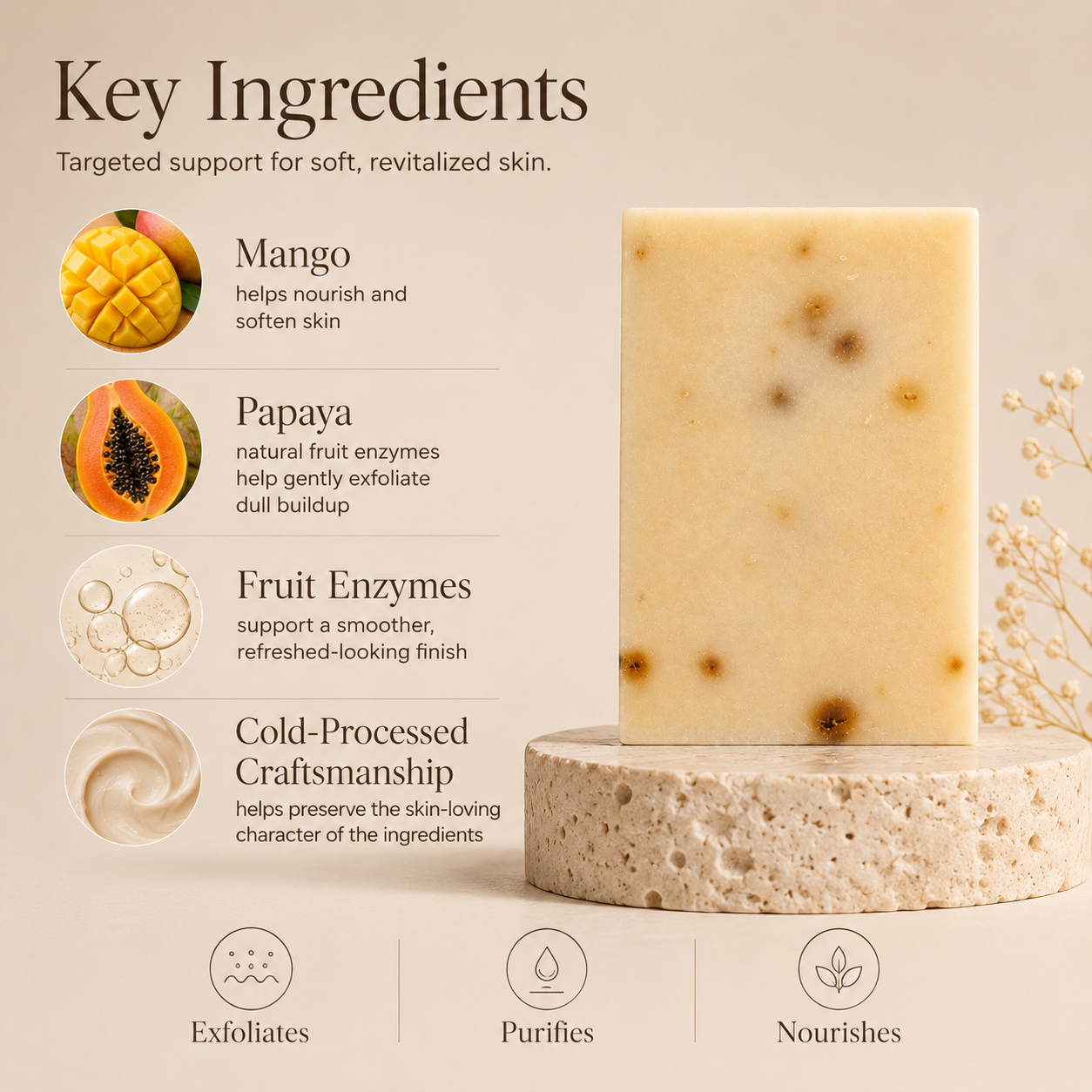Timeless Organics Skin Care Mango and Papaya Enzyme Bar Soap with fresh fruit ingredients and smooth, cleansing lather.