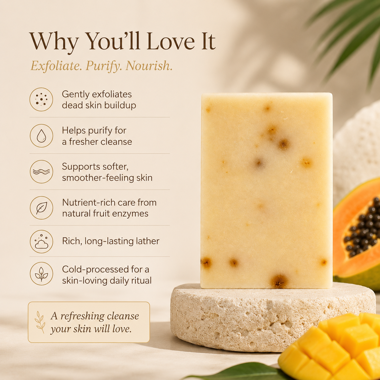 Timeless Organics Skin Care Mango + Papaya Enzyme Bar Soap featuring fresh fruit slices and a textured, natural soap appearance.