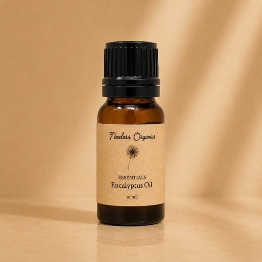 Amber glass bottle of Timeless Organics Skin Care eucalyptus oil with black screw cap, label displaying product name and brand.