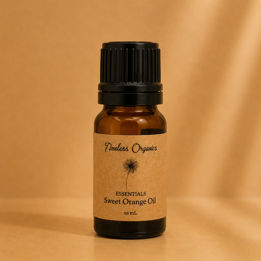 Amber glass bottle of Timeless Organics Skin Care Sweet Orange Oil with black cap and beige label on a warm beige background.