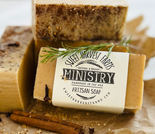 Organic handmade Thieves Oil soap from Sweet Harvest Farms, featuring natural ingredients and herbal scent.
