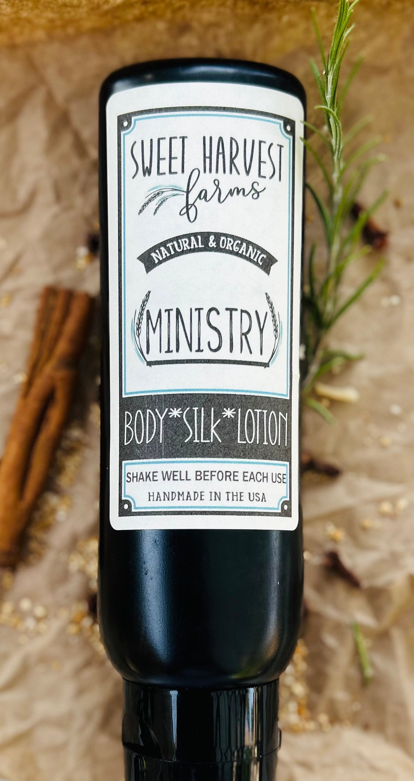 Ministry Handmade Organic Luxurious Lotion by Sweet Harvest Farms with Thieves Oil formulation, featuring a sleek bottle and natural ingredients.