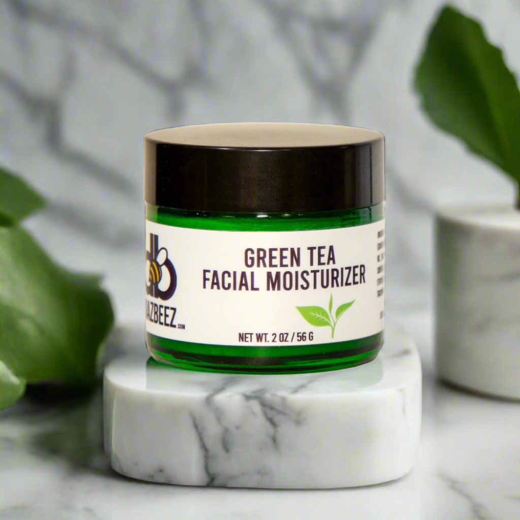 Diaz Beez green tea facial moisturizer for skincare, featuring a jar with a natural green tea-infused cream inside.
