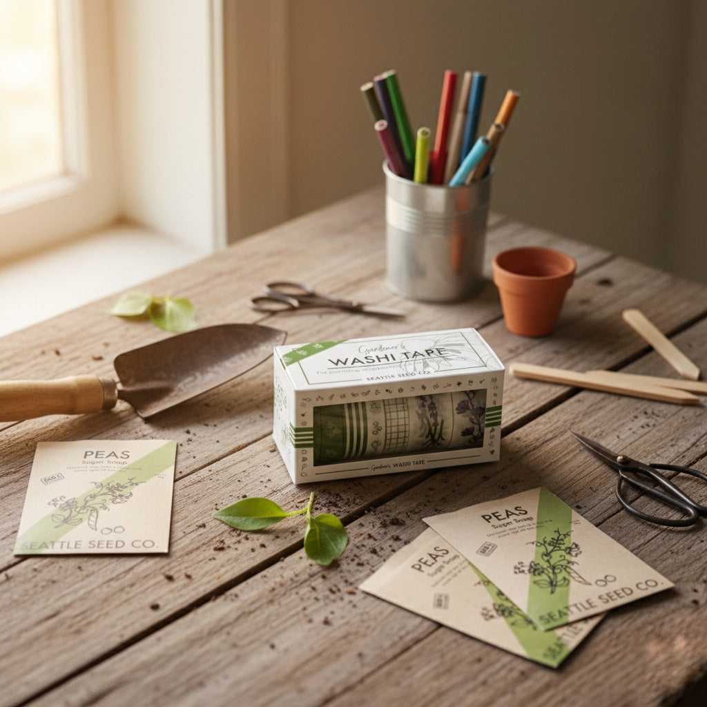 Seattle Seed Company Gardener's Washi Tape Crafting and Scrapbooking Set with 7 colorful tapes, each 10 meters long.