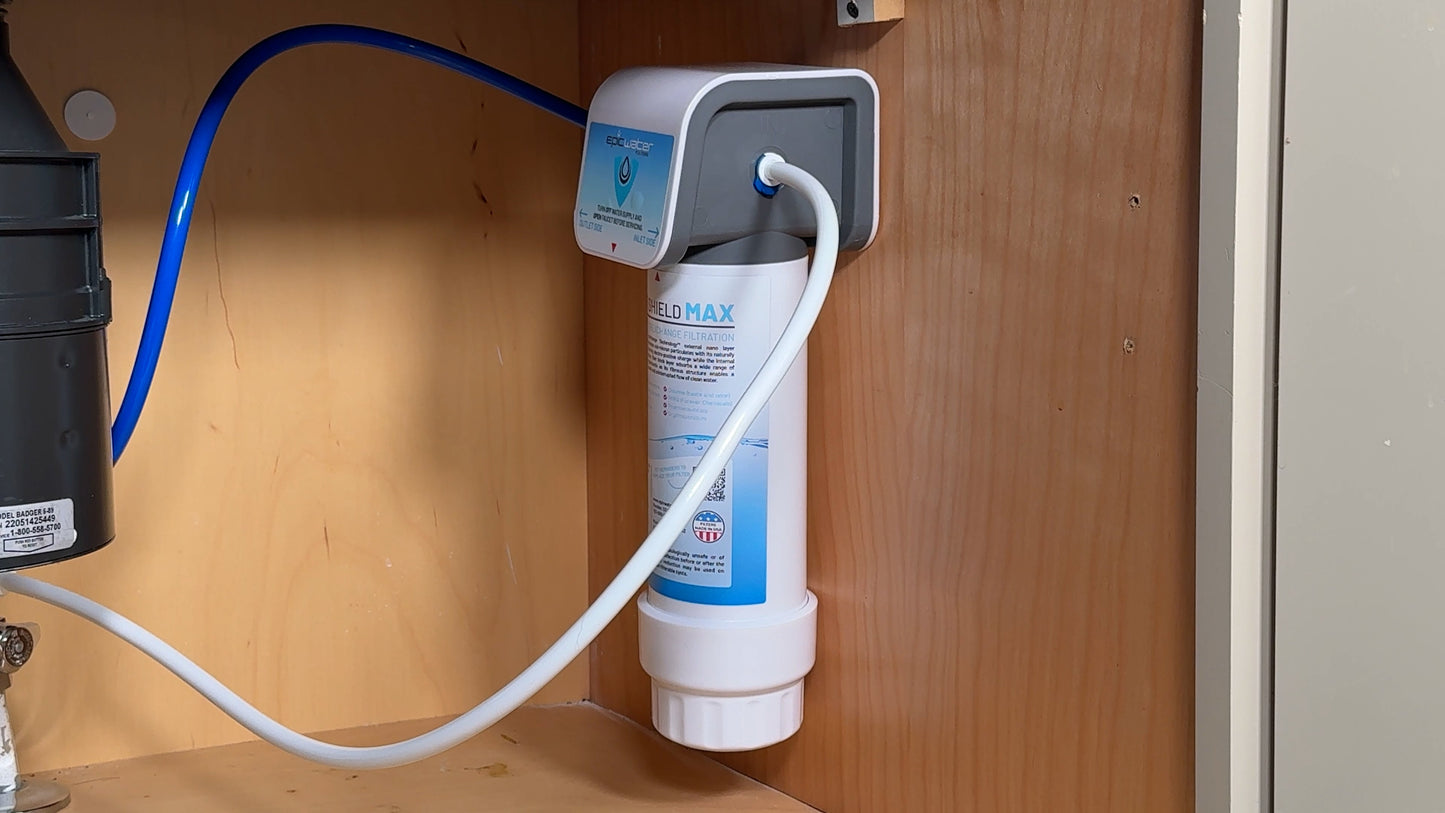 Epic Smart Shield Max under sink water filtration system from Epic Water Filters USA installed under a kitchen sink.