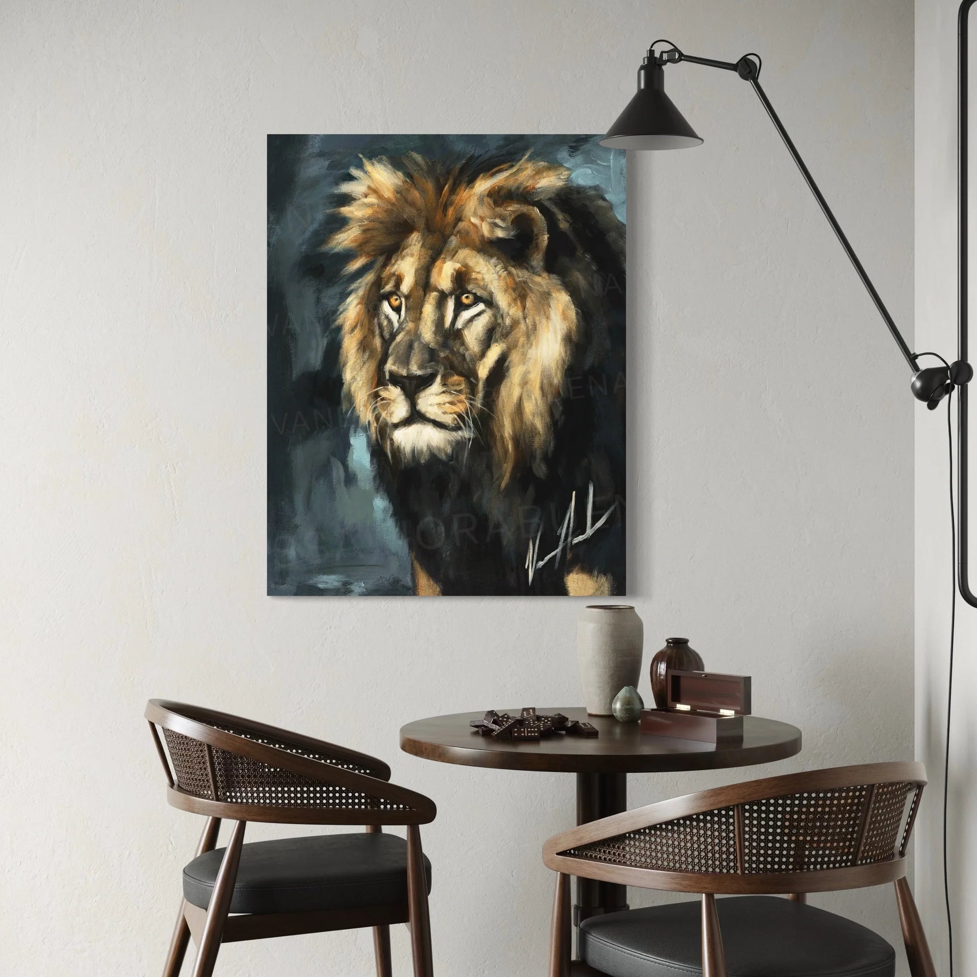 Lion art print titled "Walking in the Authority of the King" by Vanessa Horabuena, featuring a majestic lion illustration.