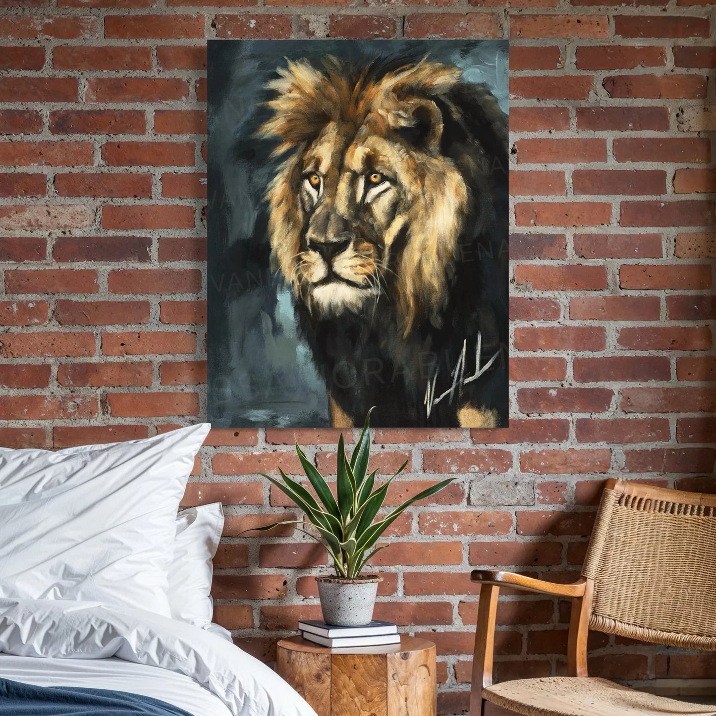 Lion art print titled "Walking in the Authority of the King" by Vanessa Horabuena, showcasing a regal lion illustration on paper.