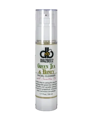 Green Tea & Honey Facial Cleanser from Diaz Beez, showing a skincare bottle with green tea leaves and honey in the background.