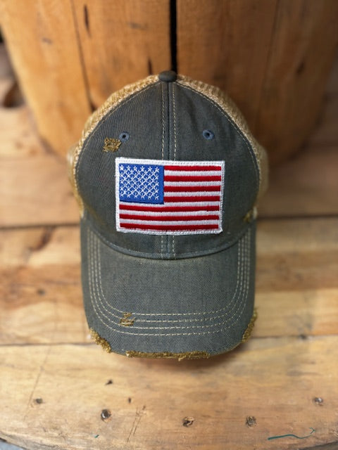 The Goat Stock flag hat featuring a vibrant flag design, adjustable strap, and classic baseball cap style.