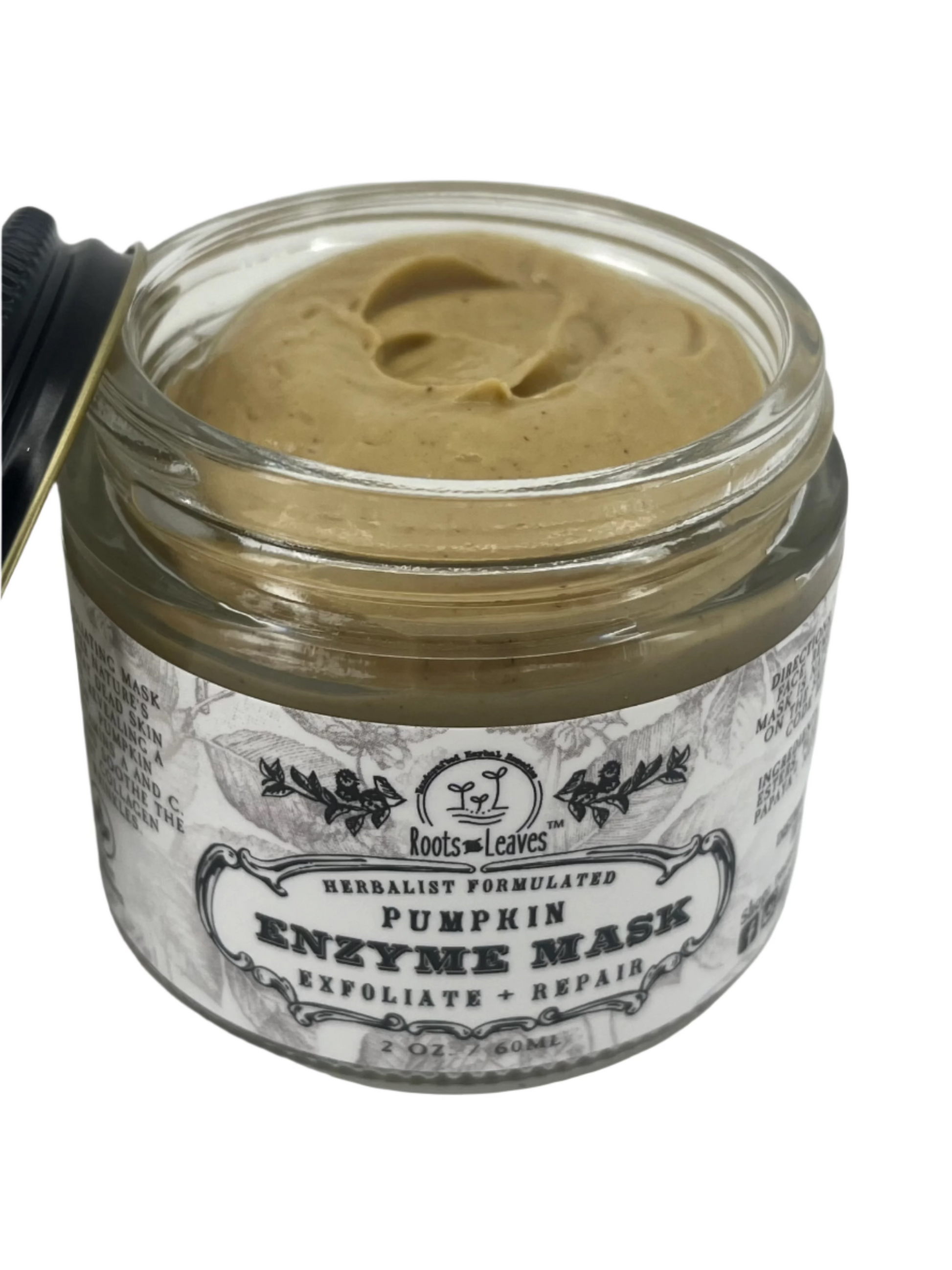 Roots and Leaves LLC Pumpkin Enzyme Face Mask in a jar, showcasing natural pumpkin-based skincare with enzyme-rich formula.