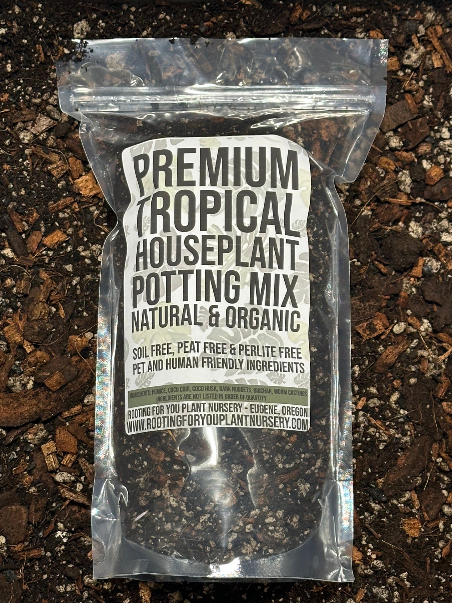 Premium tropical houseplant potting mix by Rooting For You, showing a bag of general-purpose soil for tropical houseplants.