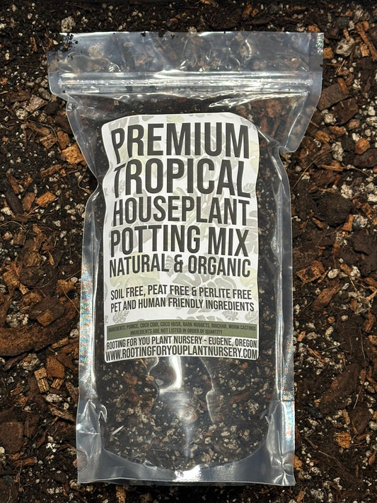 Premium tropical houseplant potting mix by Rooting For You, showing a bag of general-purpose soil for tropical houseplants.