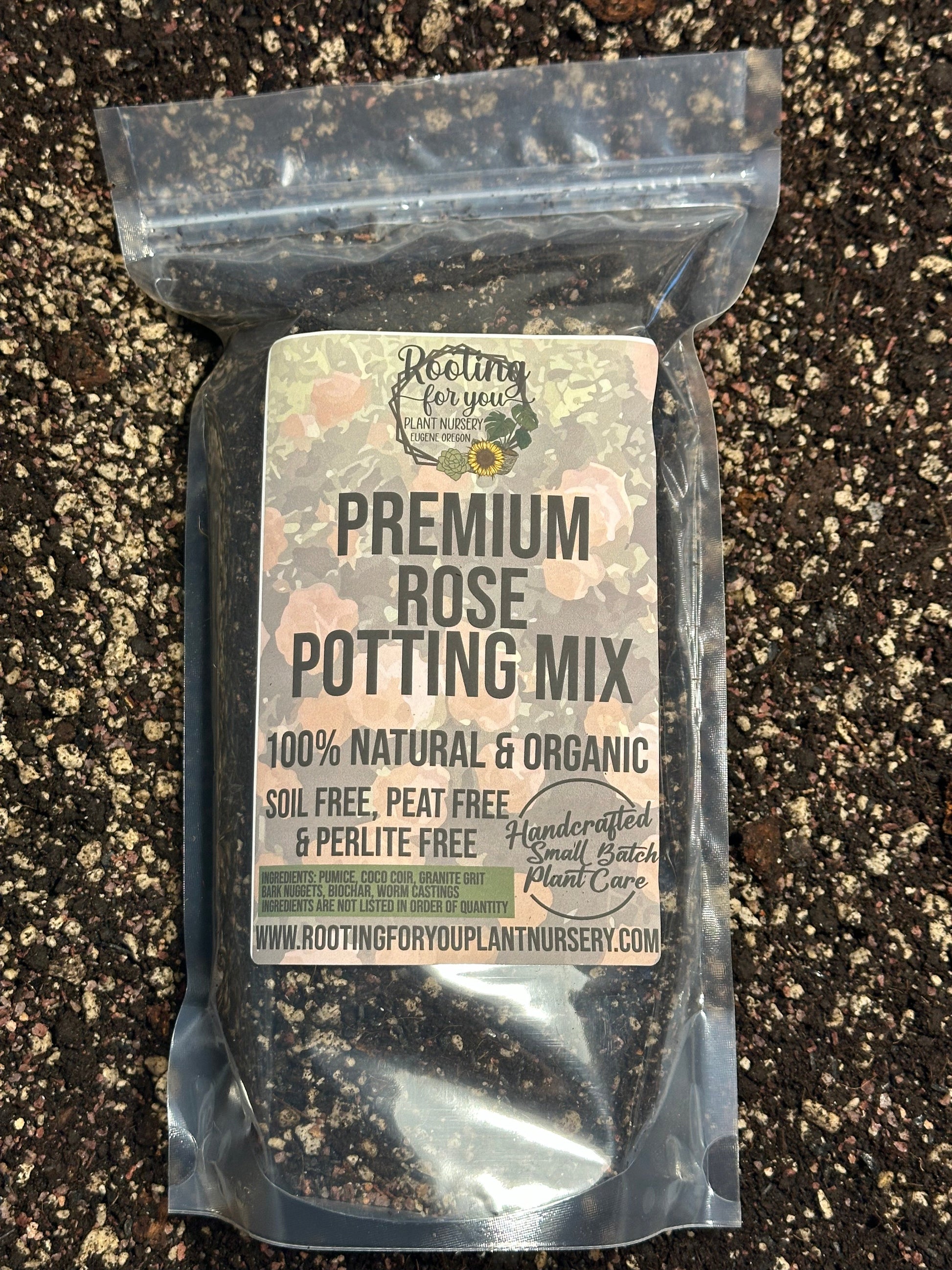 Bag of Rose Premium Potting Mix from Rooting For You Plant Nursery, showing the product packaging and label.