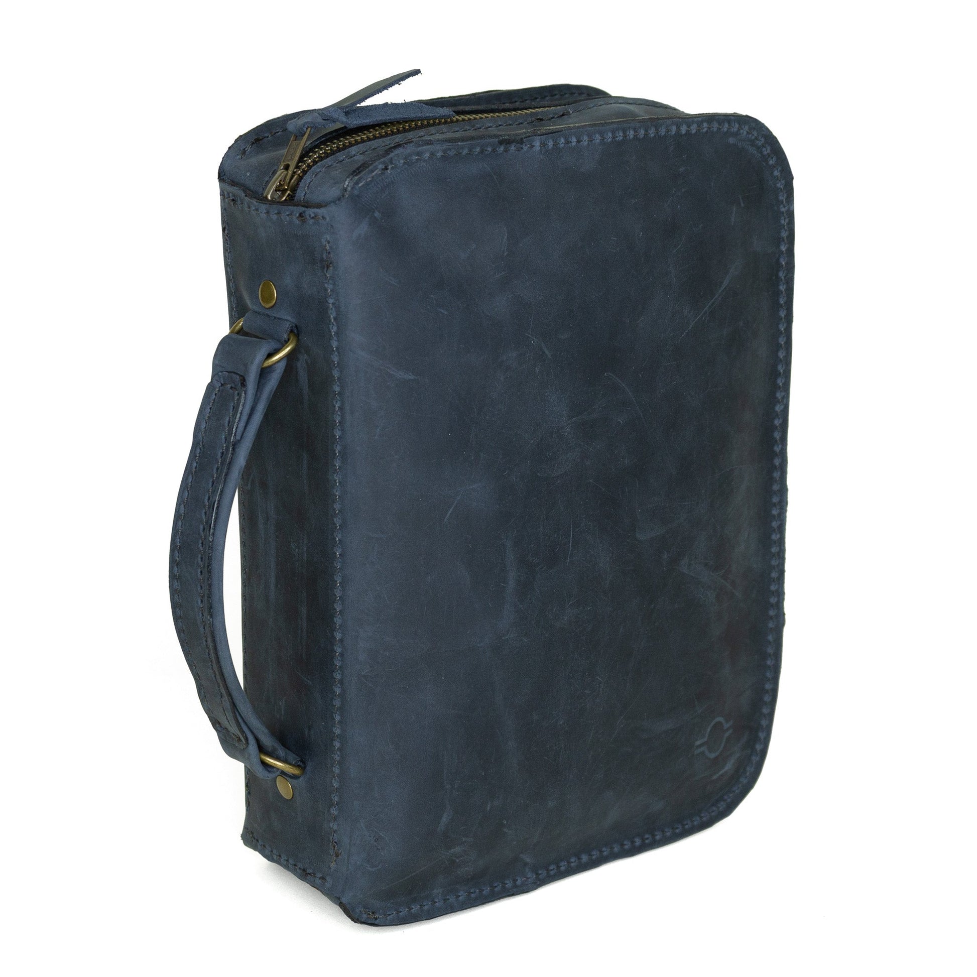 Indigo Bible cover by Rebekah Scott Designs with floral details and sturdy zipper, designed to protect and carry a Bible.