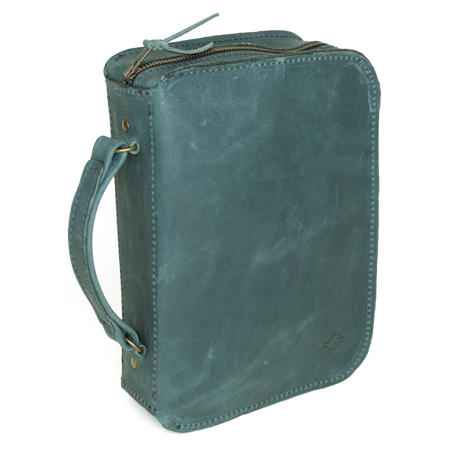 Rebekah Scott Designs 1948 Bible Cover in evergreen fabric with leather accents, designed to protect and carry a Bible.