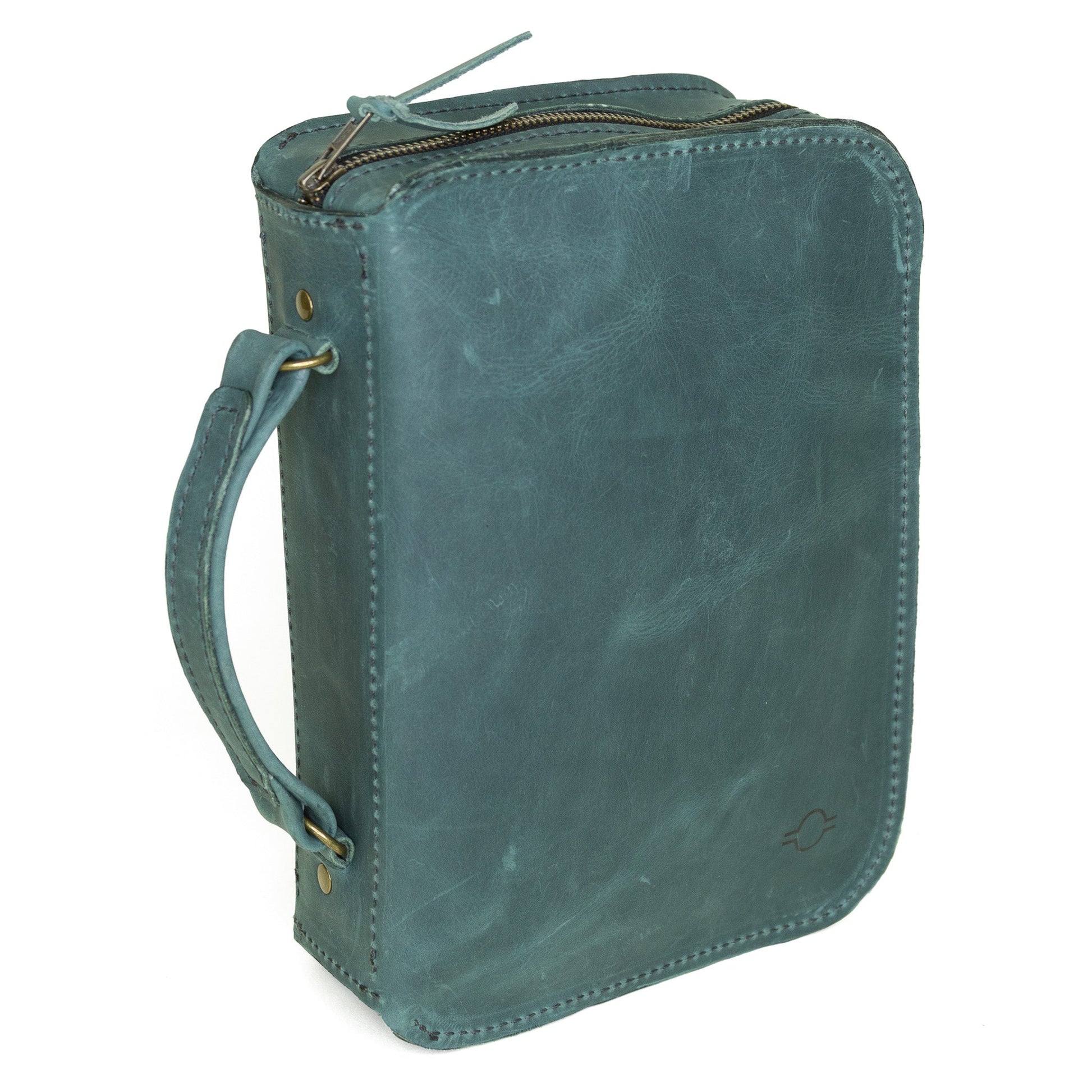 Rebekah Scott Designs 1948 Bible Cover in evergreen fabric with leather accents, designed to protect and carry a Bible.
