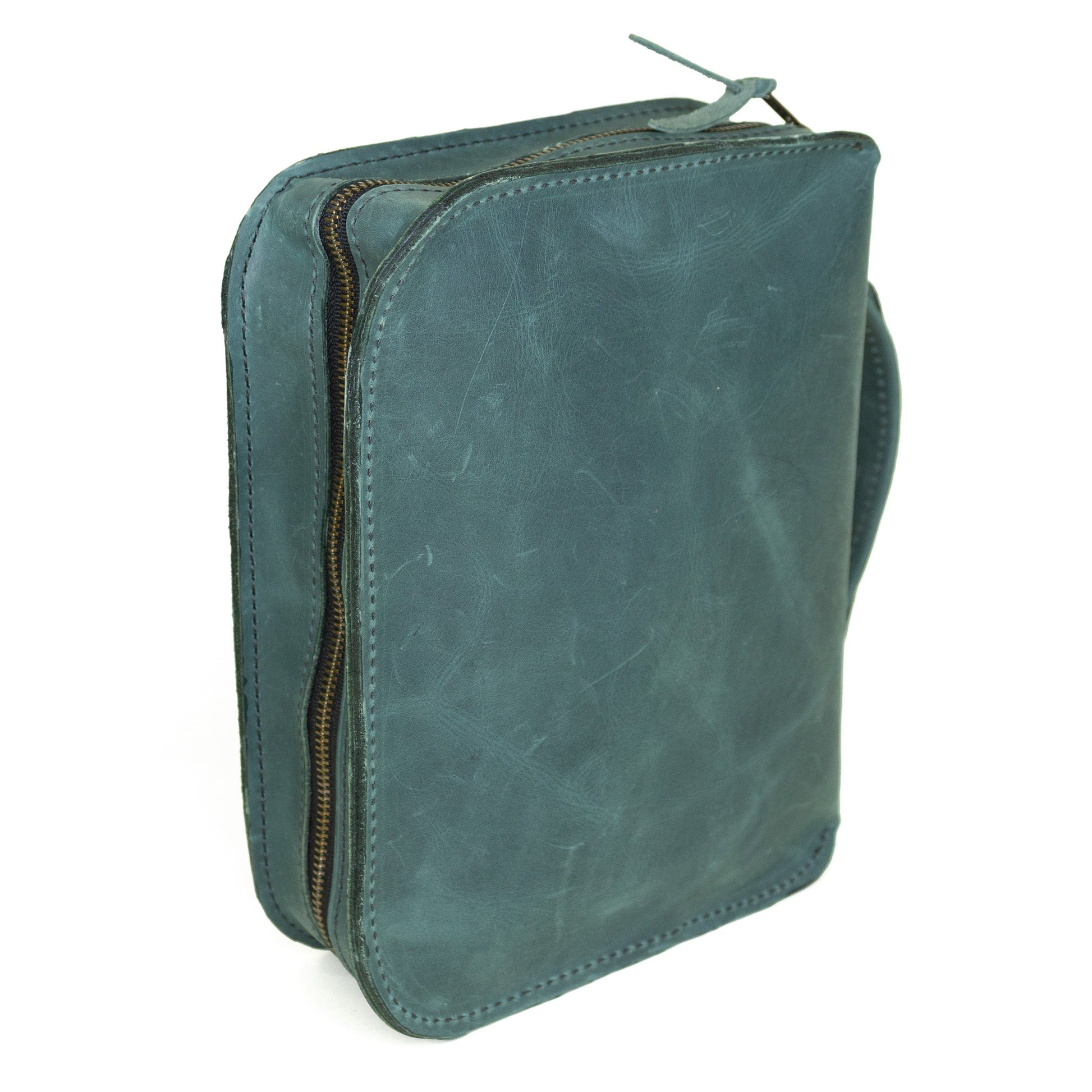 Rebekah Scott Designs 1948 Bible Cover in evergreen fabric with leather accents, designed to protect and carry a Bible.