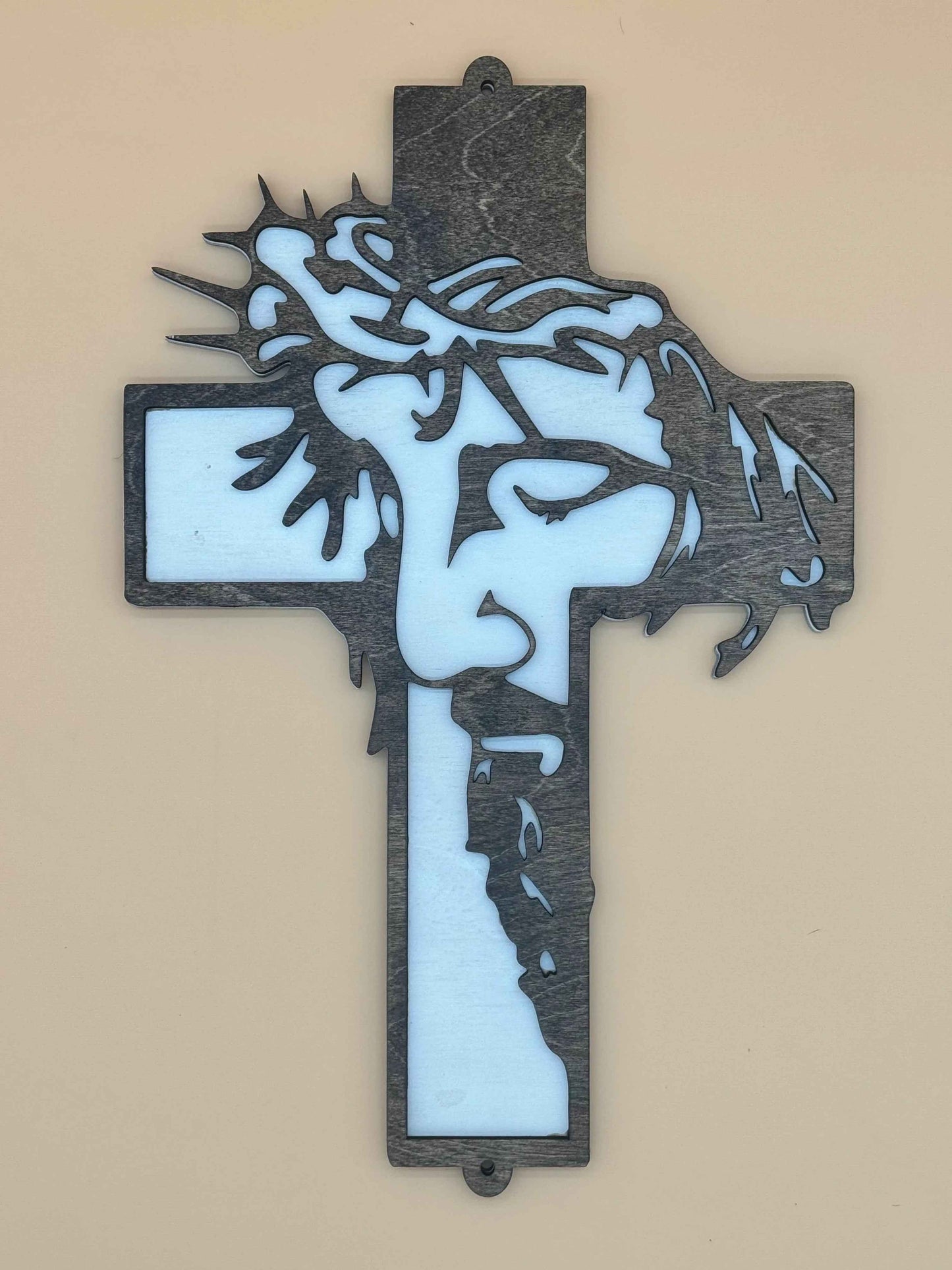 Handmade wooden Sacred Cross wall art with modern Christian design, crafted by C2 Creations LLC for spiritual home decor.