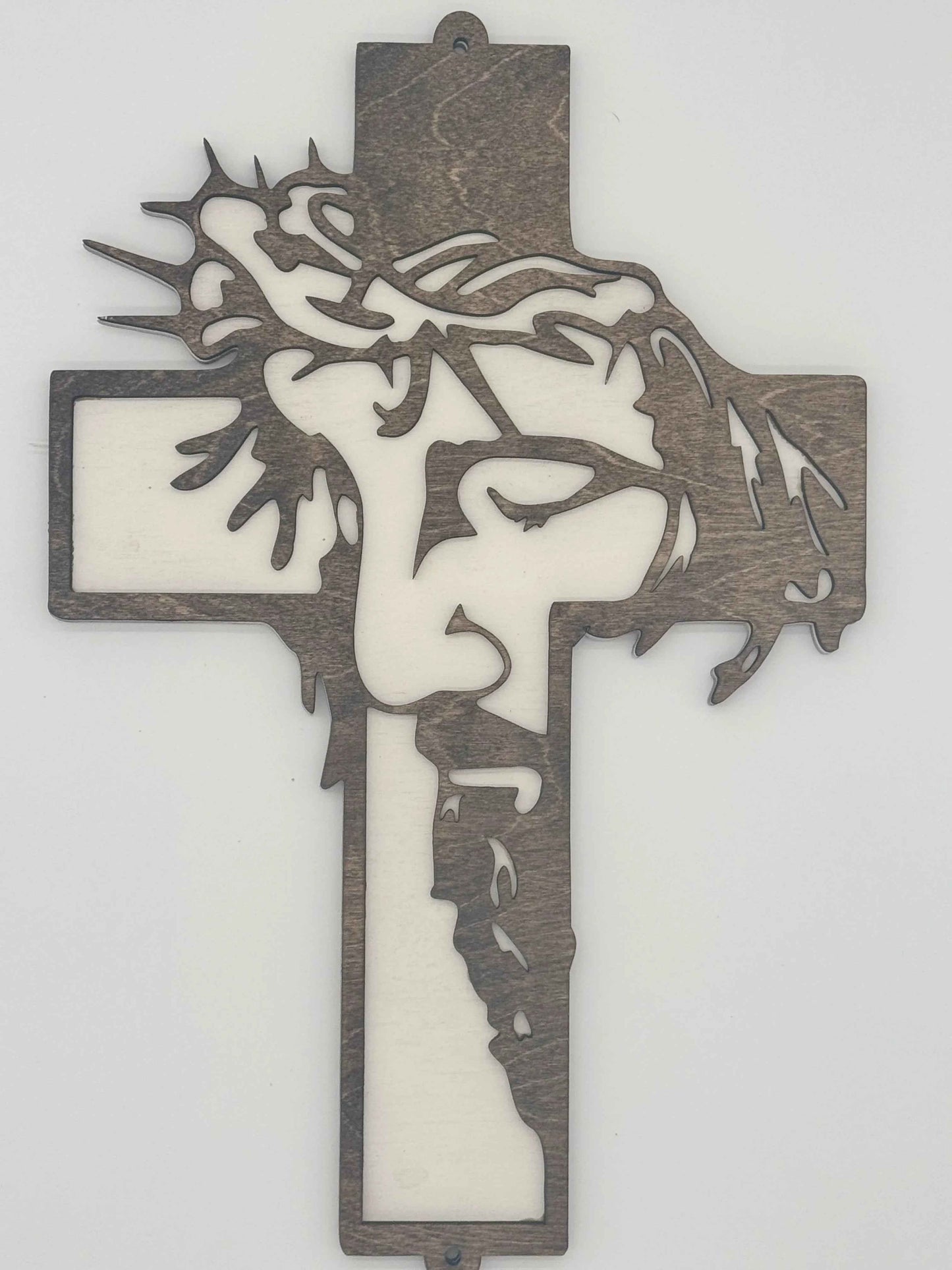 Handmade wooden Sacred Cross wall art with modern Christian design, crafted by C2 Creations LLC.