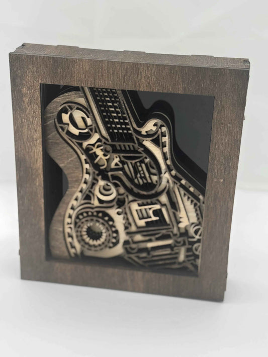 3D layered wood guitar shadow box wall art by C2 Creations LLC, music room decor with detailed guitar silhouette and textured design