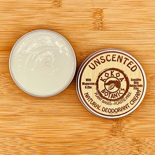 Unscented natural deodorant cream by KOKOA BOTANICS in a 2.5 oz jar, designed for sensitive skin, baking soda-free.