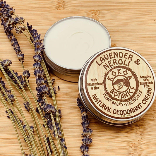 Lavender and neroli natural deodorant cream by KOKOA BOTANICS in a 2.5 oz jar, ideal for sensitive skin, baking soda free