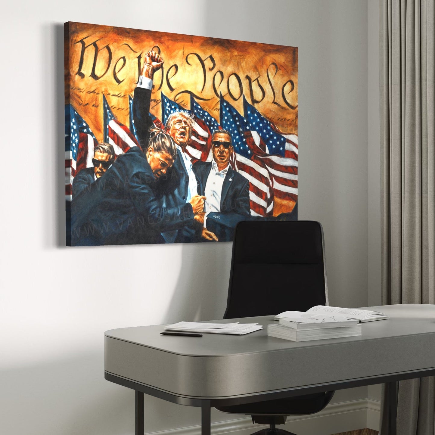 Patriotic art print titled "Fight For America" by Vanessa Horabuena, featuring a vibrant American flag design with bold colors.
