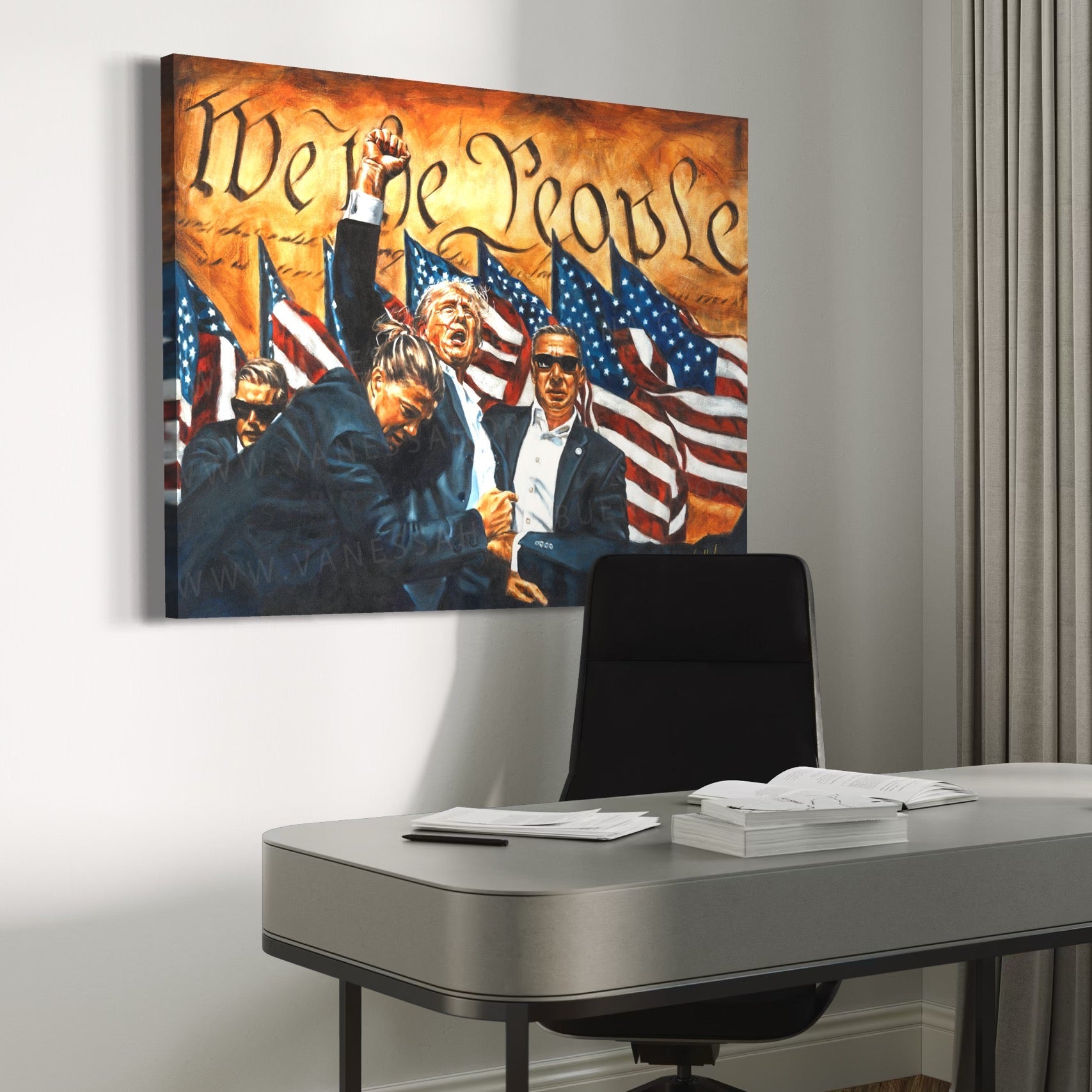 Patriotic art print titled "Fight For America" by Vanessa Horabuena, featuring a vibrant American flag design with bold colors.