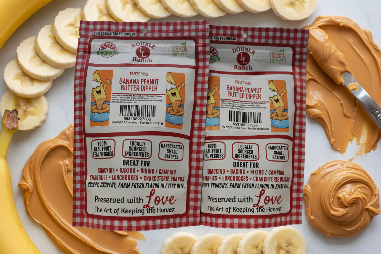 Freeze-dried banana peanut butter dippers from Double L Ranch, showing crunchy banana and peanut butter snack pieces.