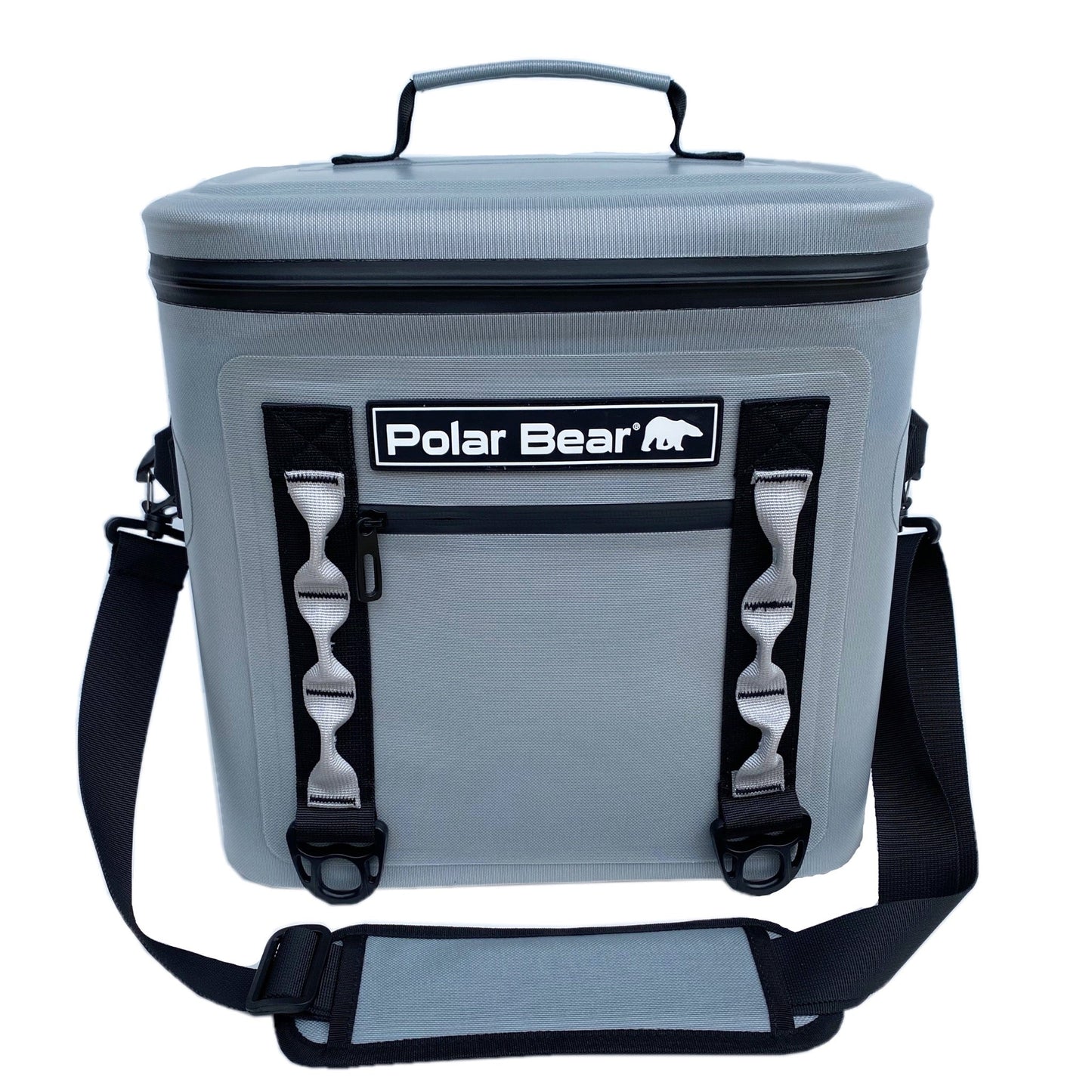 Polar Bear Topper 20 cooler lid with polar bear graphic, durable black material, and secure latch for outdoor use.