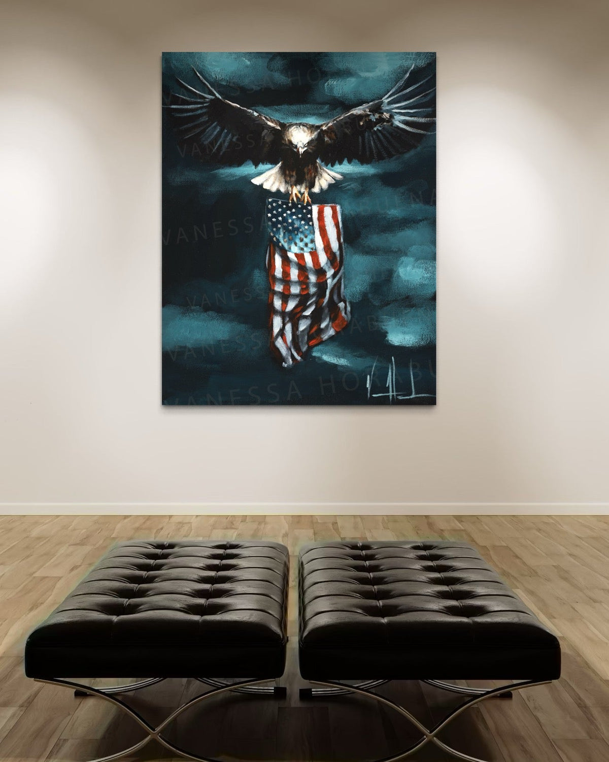 Patriotic art print titled "Revive Our Nation" by Vanessa Horabuena, featuring vibrant colors and patriotic imagery.